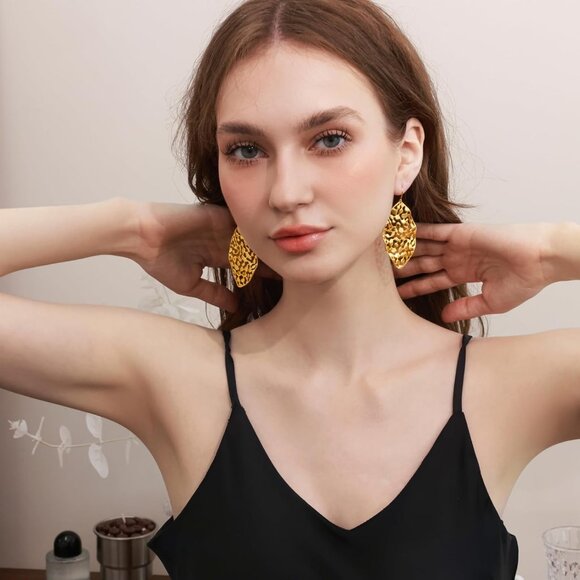 Big Gold Hollow Out Boho Geometric Hook Statement Gold Leaf Dangle Earrings - Picture 6 of 7